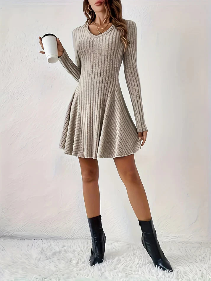 Stylish Ribbed V-Neck A-Line Long Sleeve Elegant Dress For Women | Ideal for any occasion