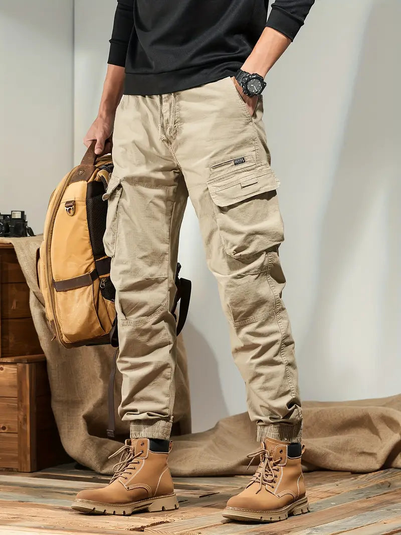 Men's solid cargo pants with multiple pockets - casual outdoor pants