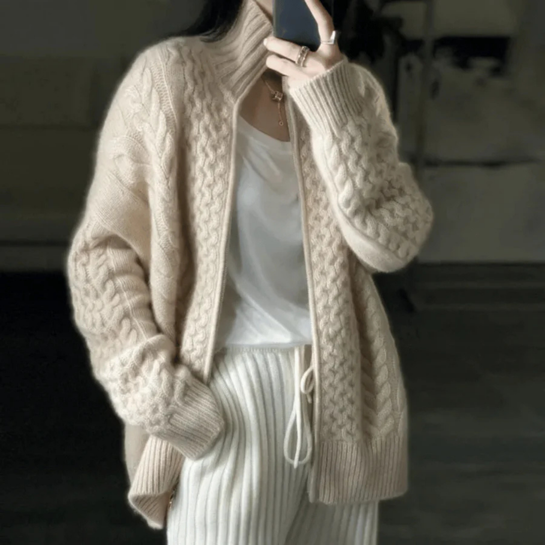 Ladies Knit Long Sleeve Warm Cardigan | Zipper closure