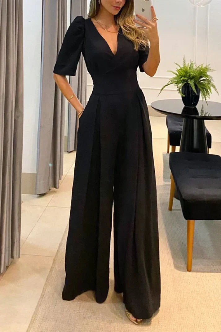 Elegant Wide Leg V-Neck Short Sleeve Jumpsuit For Women | Ideal For Summer