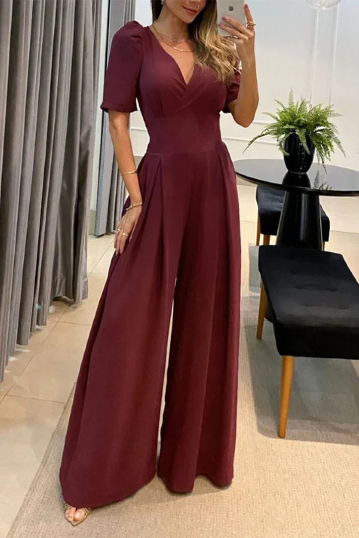 Elegant Wide Leg V-Neck Short Sleeve Jumpsuit For Women | Ideal For Summer