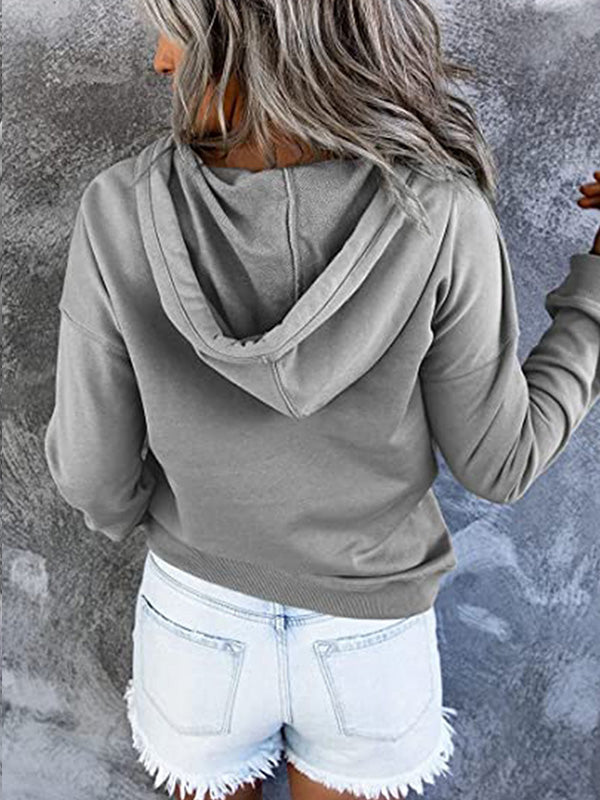 Loose casual button collar hoodie with drawstring