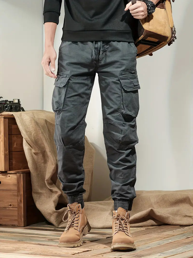 Men's solid cargo pants with multiple pockets - casual outdoor pants