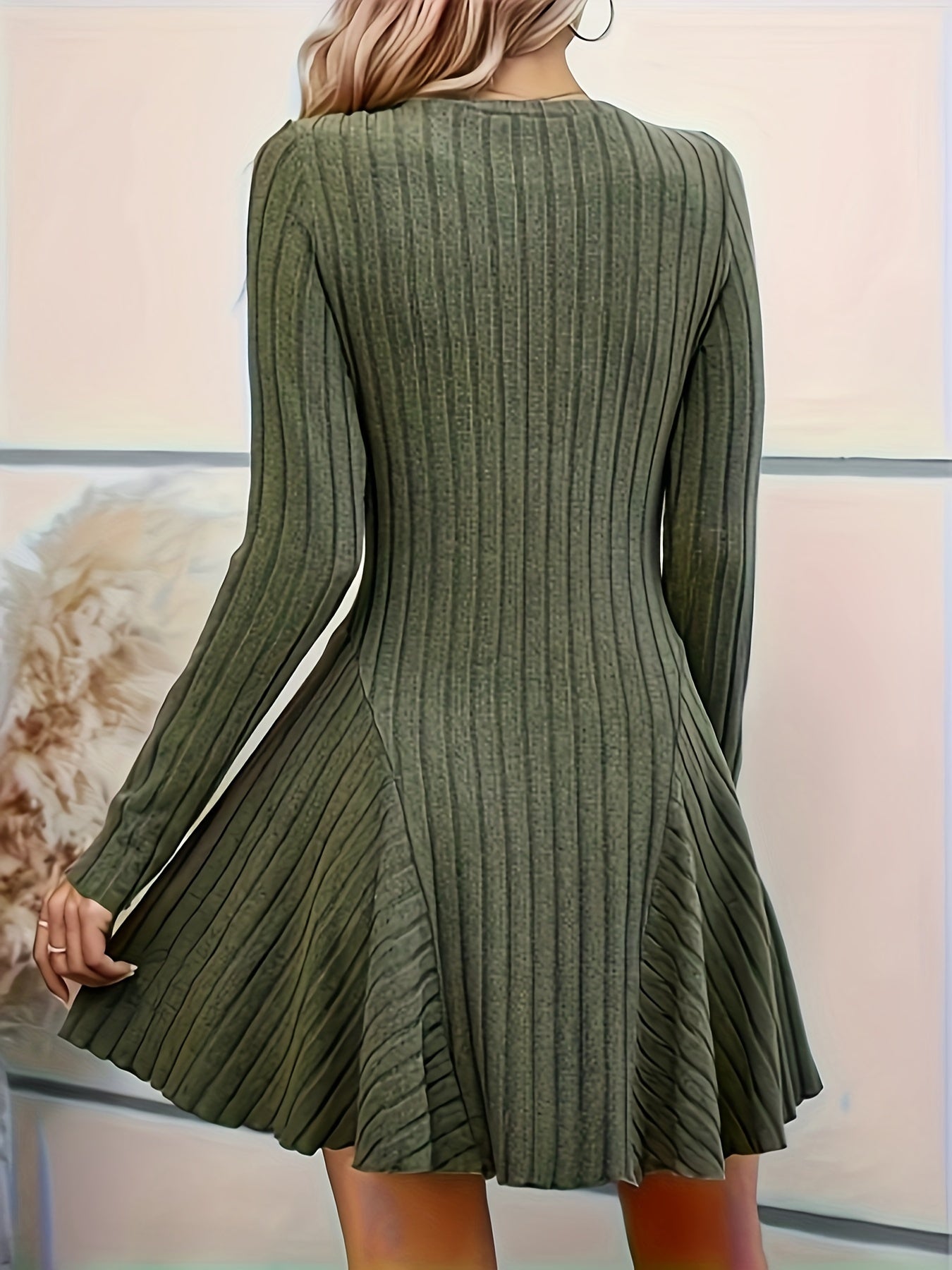 Stylish Ribbed V-Neck A-Line Long Sleeve Elegant Dress For Women | Ideal for any occasion