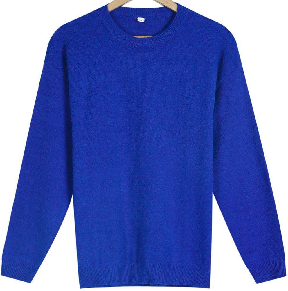 Casual blue solid long sleeve crew neck sweater