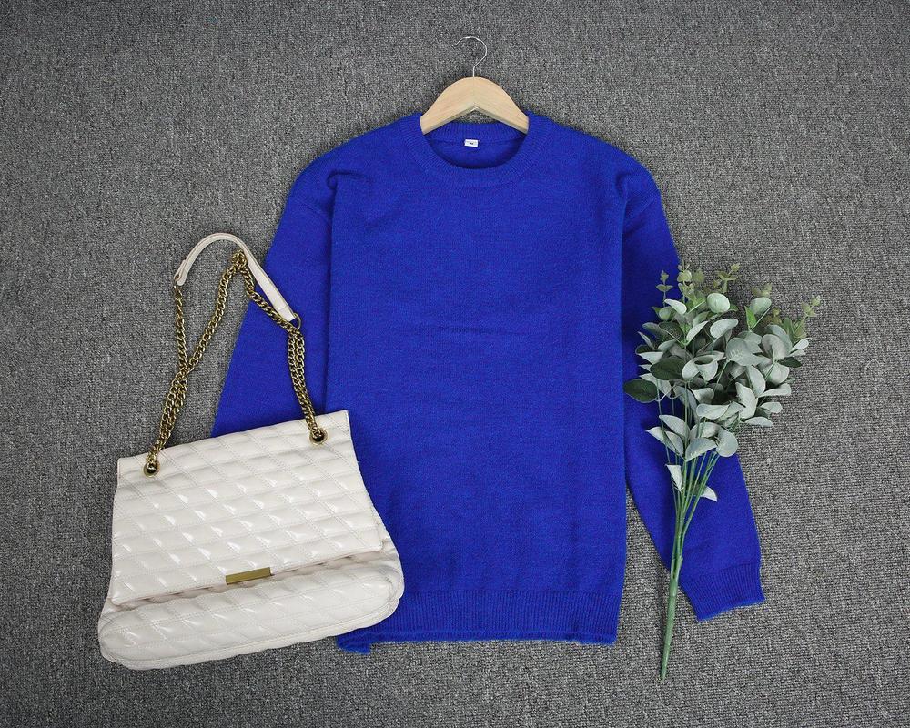 Casual blue solid long sleeve crew neck sweater