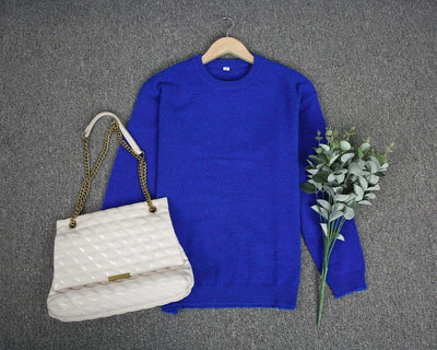 Casual blue solid long sleeve crew neck sweater