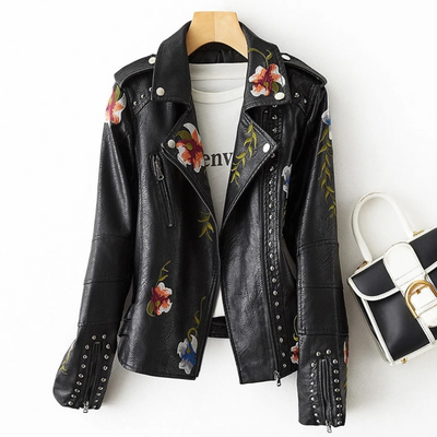 Laurette - Embroidered leather jacket - biker style - studs - ladies