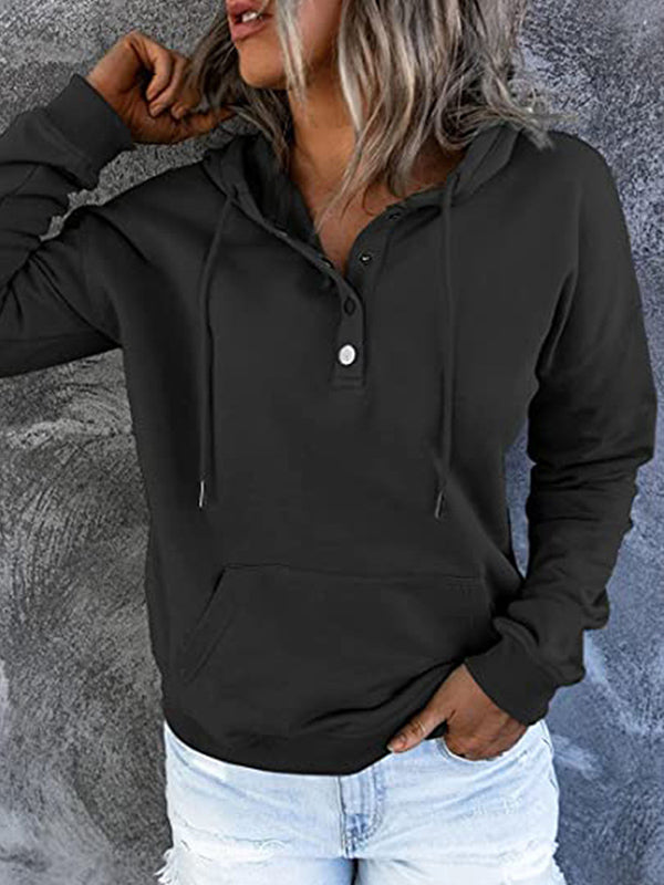 Loose casual button collar hoodie with drawstring