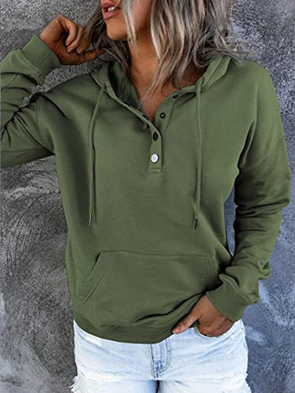 Loose casual button collar hoodie with drawstring