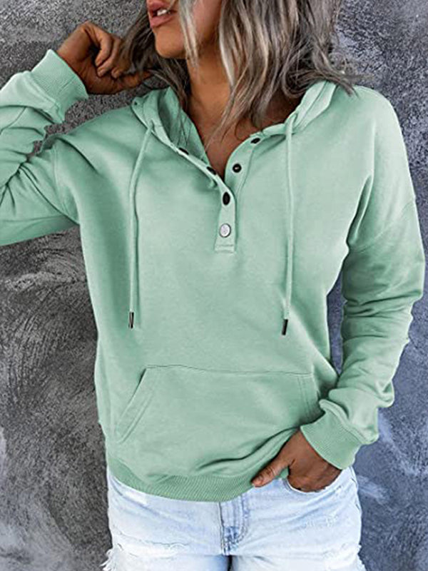 Loose casual button collar hoodie with drawstring