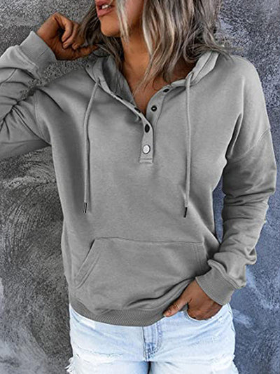 Loose casual button collar hoodie with drawstring