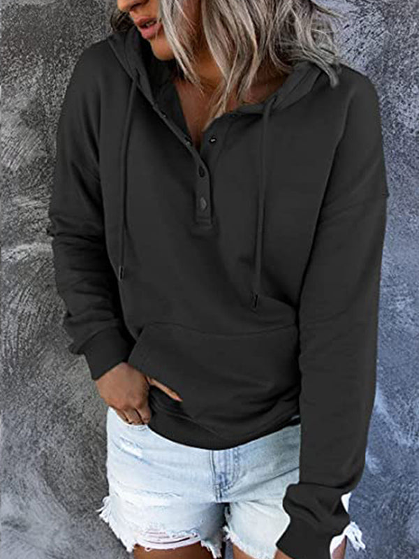 Loose casual button collar hoodie with drawstring