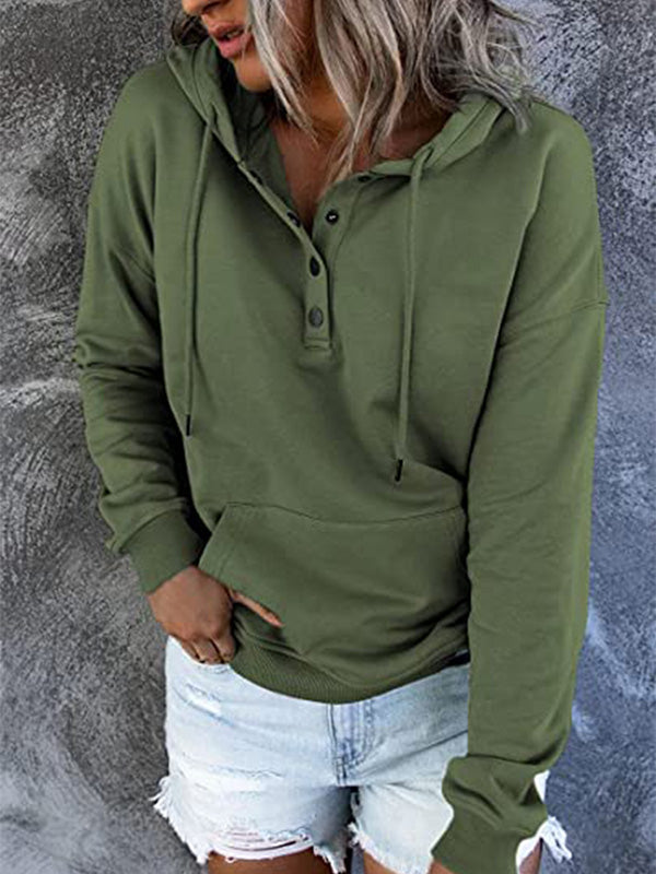 Loose casual button collar hoodie with drawstring