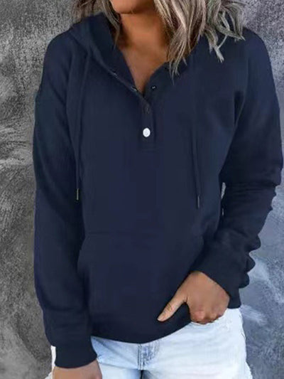 Loose casual button collar hoodie with drawstring