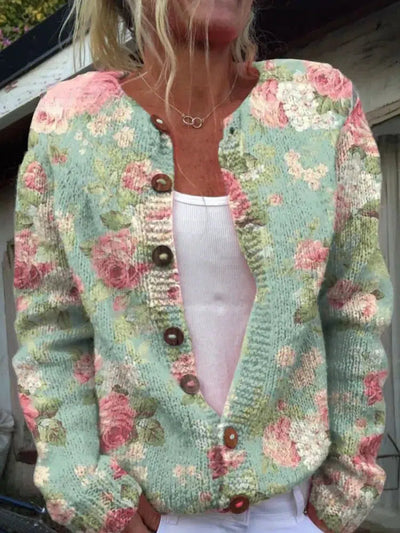 Green floral print collarless long sleeve cardigan