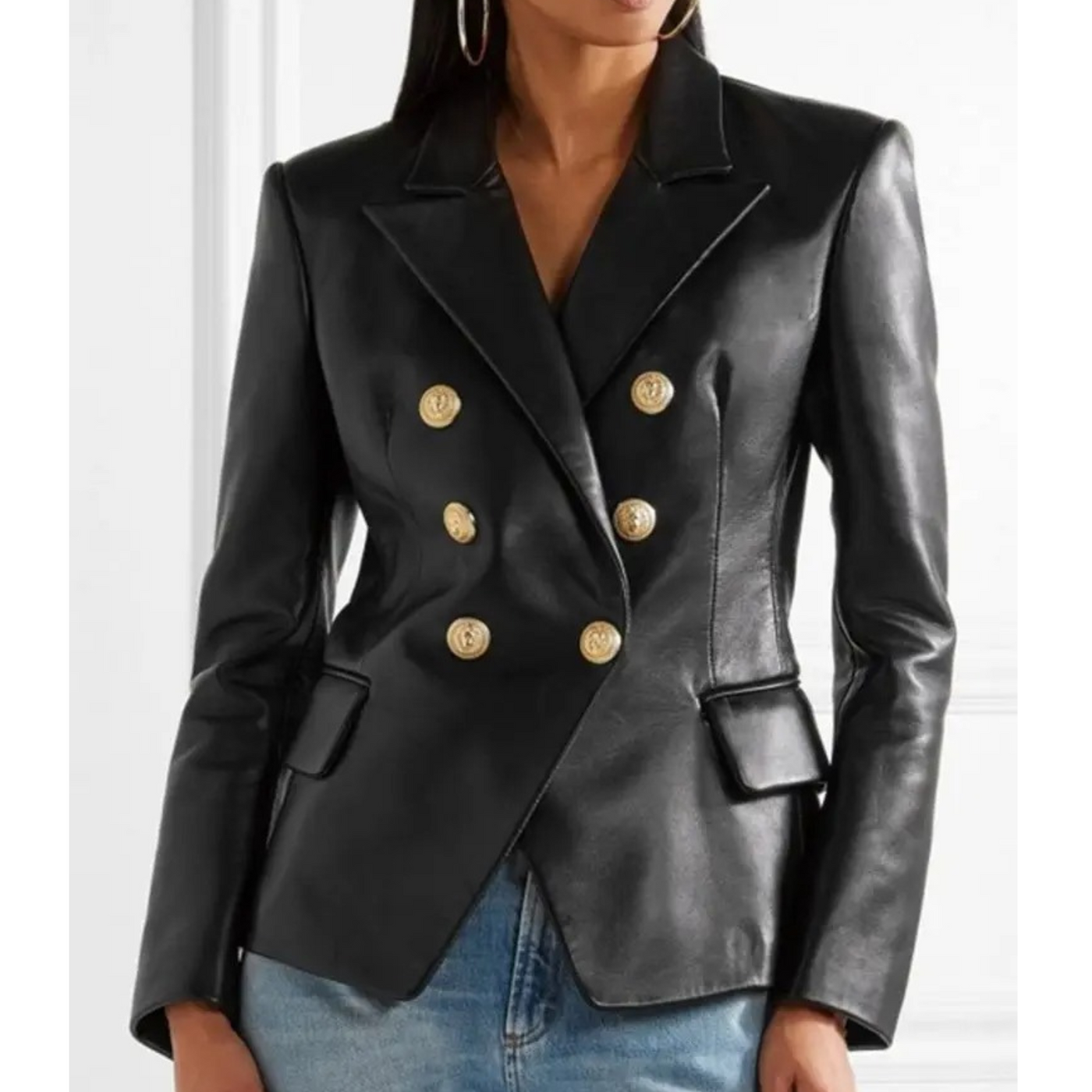 Women's double-breasted faux leather blazer