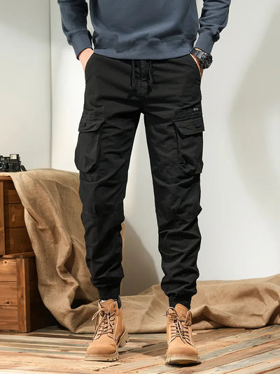 Men's solid cargo pants with multiple pockets - casual outdoor pants