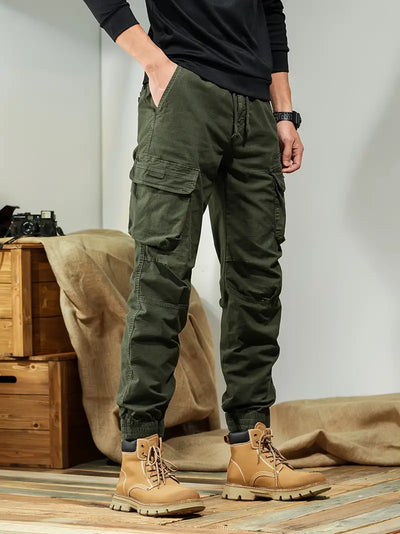 Men's solid cargo pants with multiple pockets - casual outdoor pants