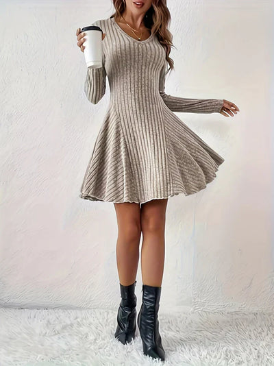 Stylish Ribbed V-Neck A-Line Long Sleeve Elegant Dress For Women | Ideal for any occasion