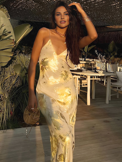 Jade - Metallic Print V-Neck Halter Maxi Dress