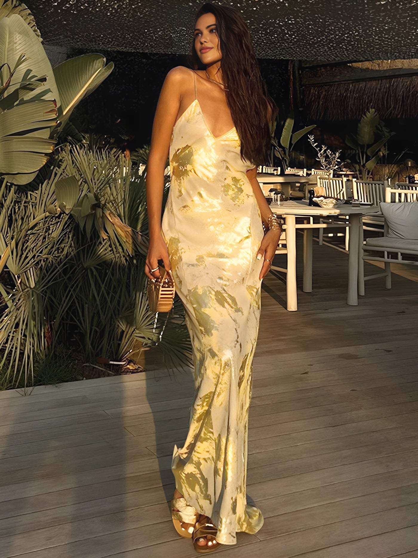 Jade - Metallic Print V-Neck Halter Maxi Dress