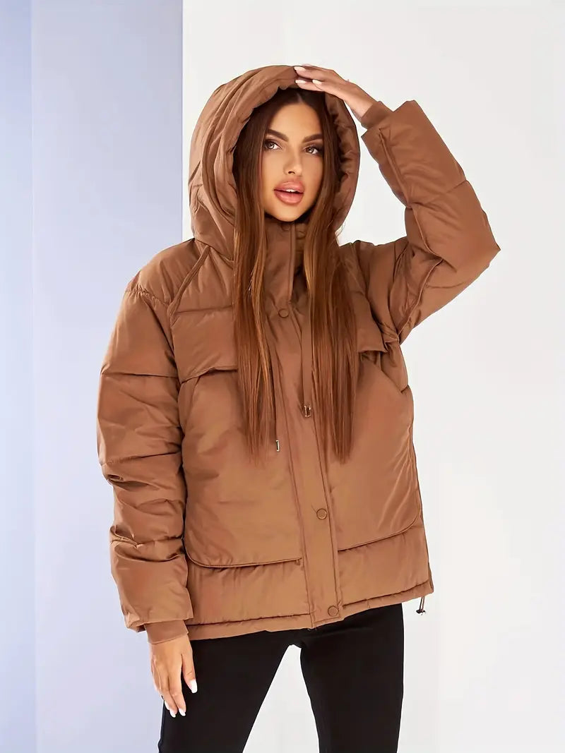 Fashionable solid color hooded jacket with drawstring for women