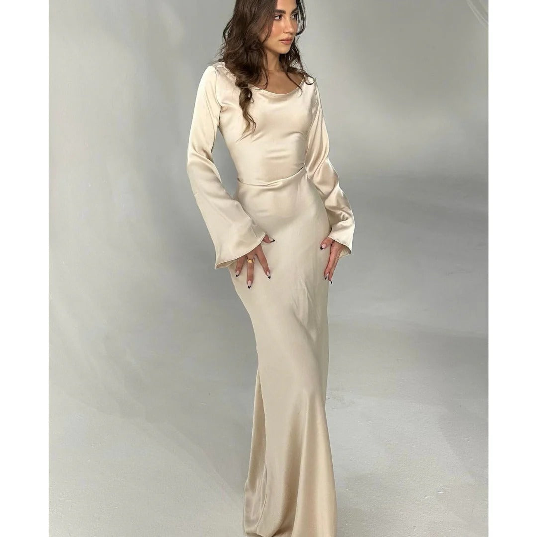 Elegant Long Satin Dress With Fitted Waist For Women | Ideal for Spring/Summer