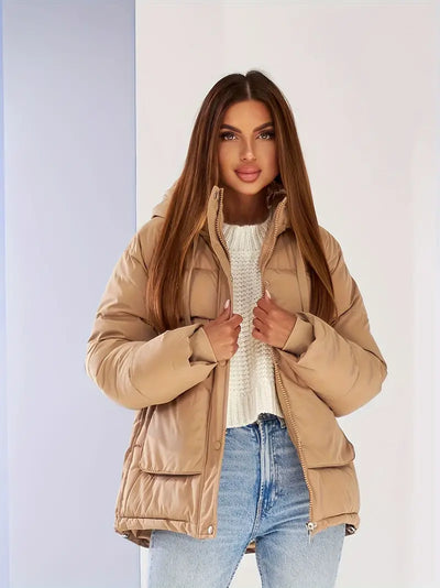 Fashionable solid color hooded jacket with drawstring for women