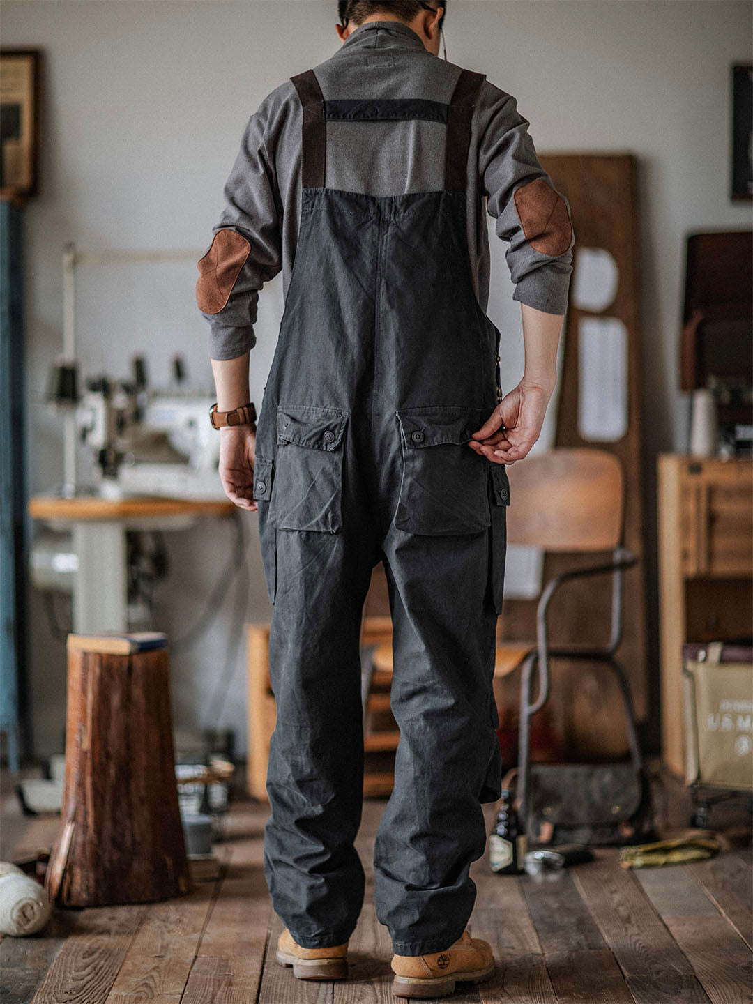 Men's canvas overalls Flap pockets Button front Workwear