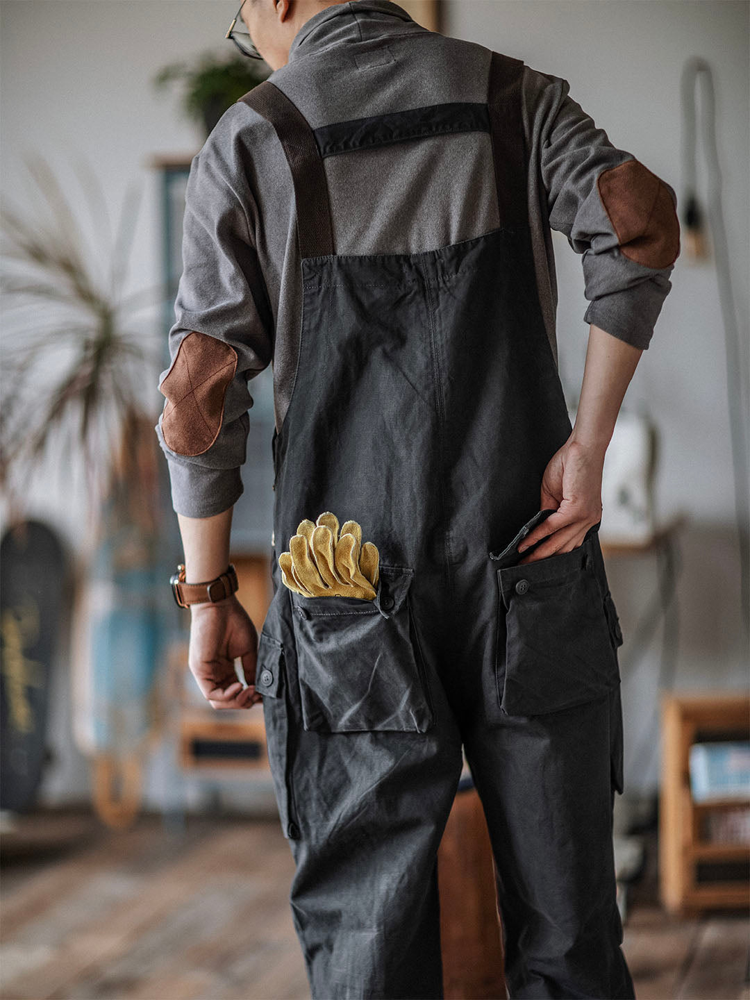 Men's canvas overalls Flap pockets Button front Workwear