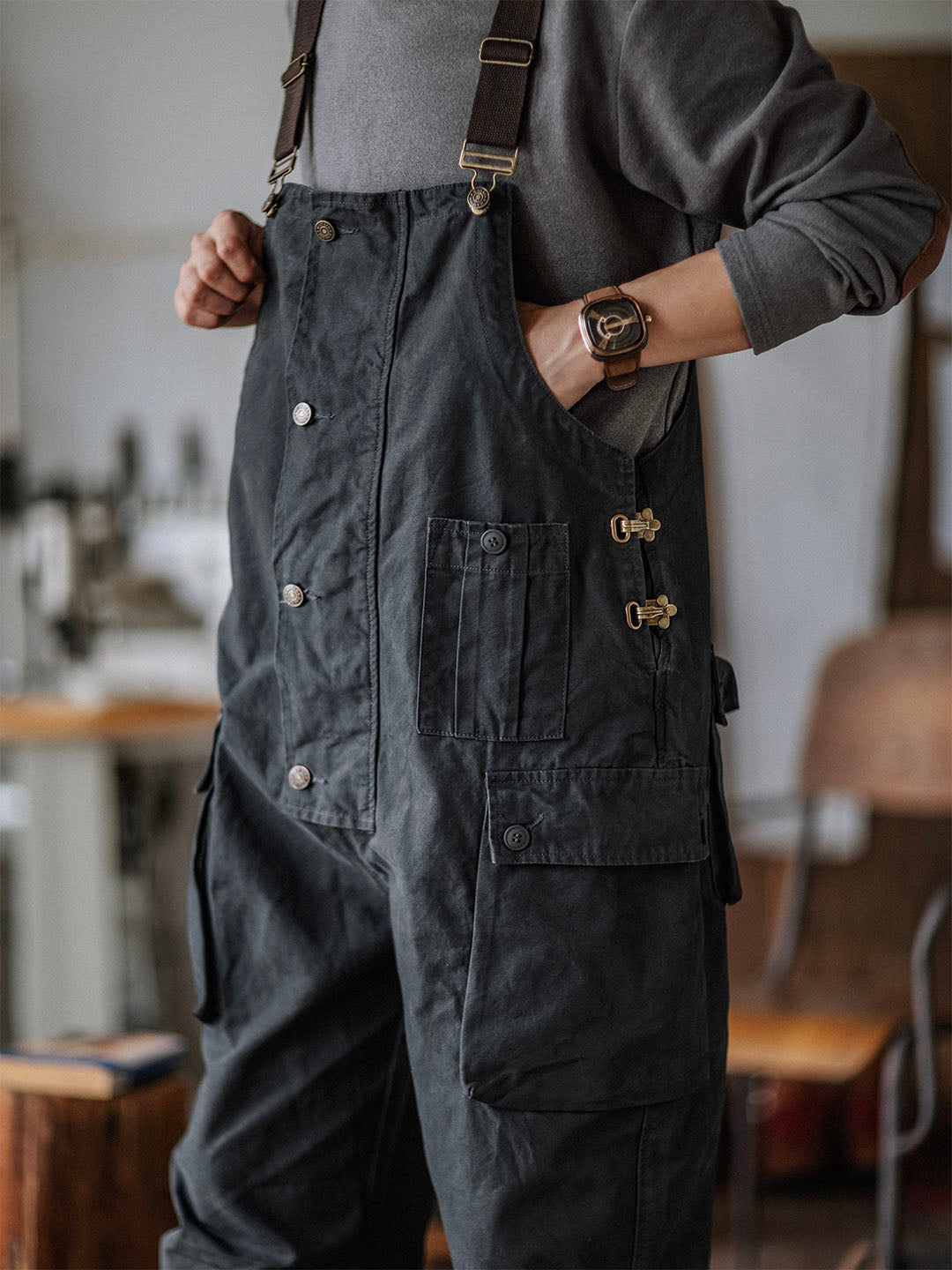 Men's canvas overalls Flap pockets Button front Workwear