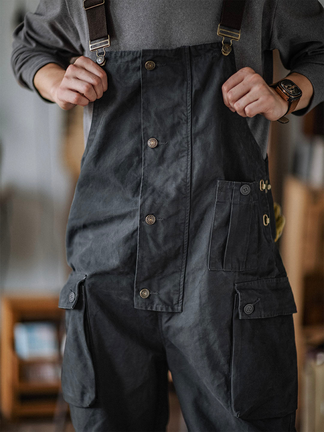 Men's canvas overalls Flap pockets Button front Workwear