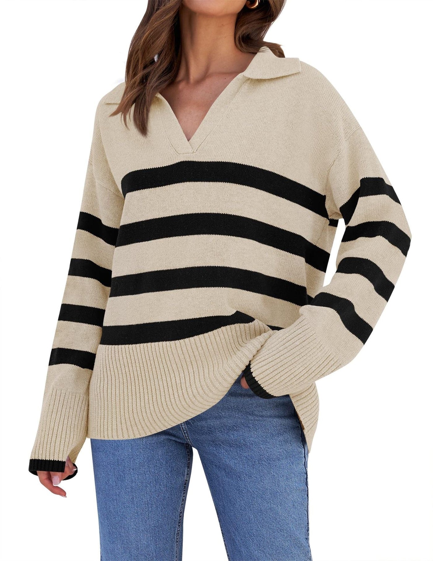 Striped knitted sweater with collar for women | Perfect for all seasons