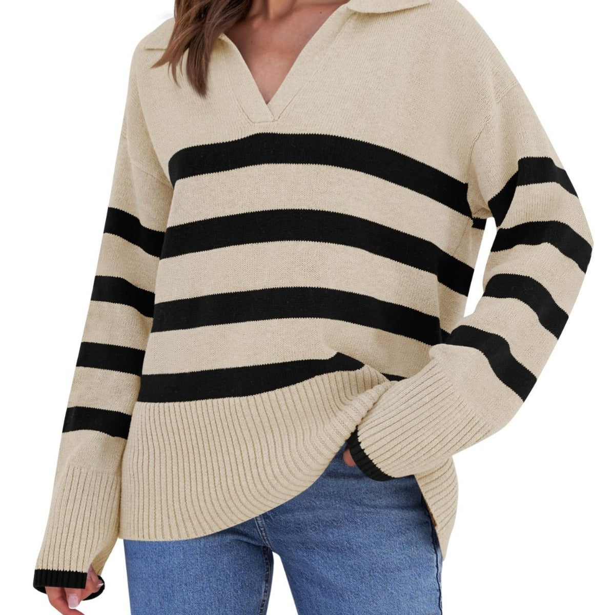 Striped knitted sweater with collar for women | Perfect for all seasons