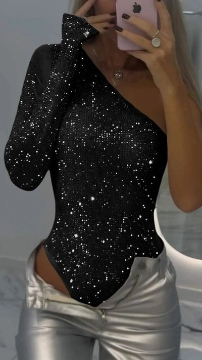 Maroxe | One-shoulder rhinestone sequin top