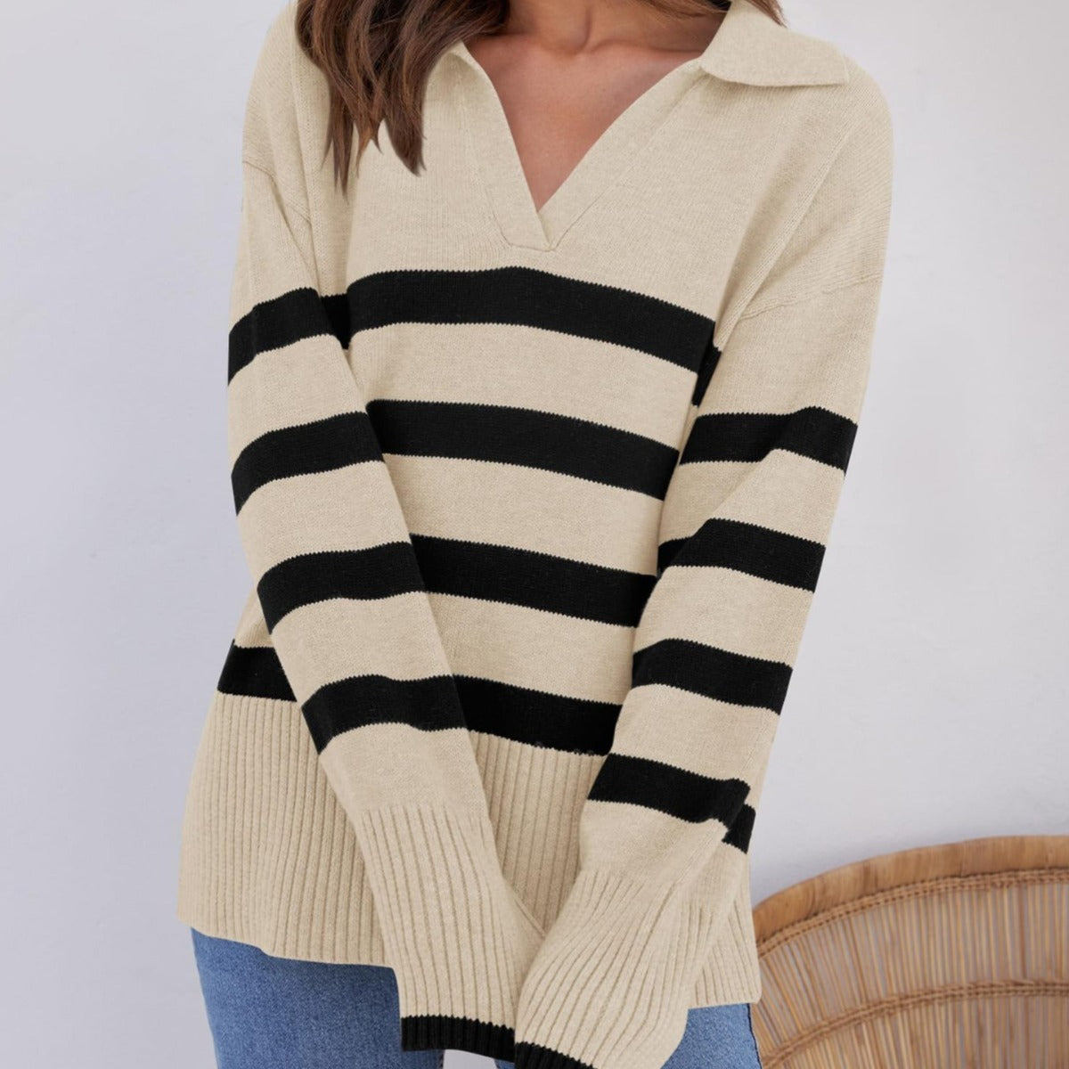 Striped knitted sweater with collar for women | Perfect for all seasons