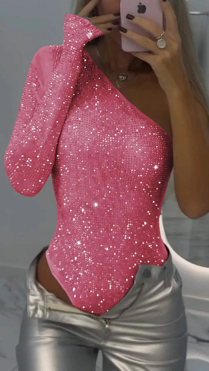 Maroxe | One-shoulder rhinestone sequin top