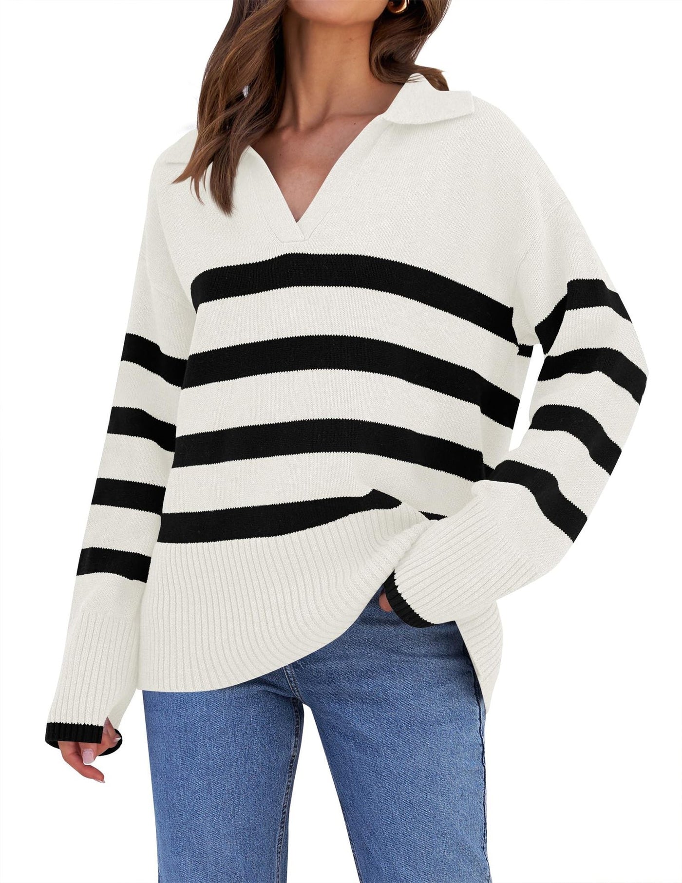 Striped knitted sweater with collar for women | Perfect for all seasons