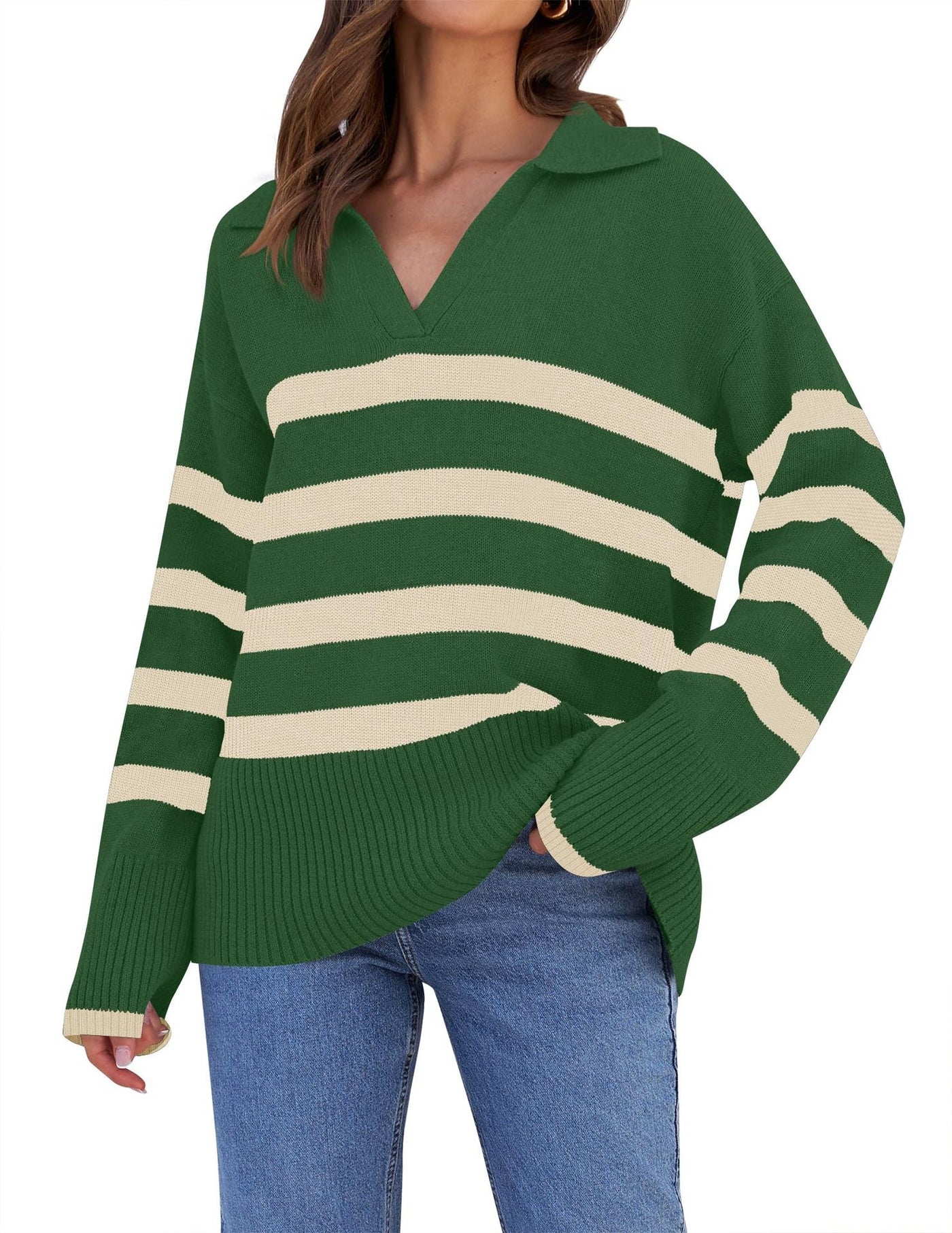 Striped knitted sweater with collar for women | Perfect for all seasons