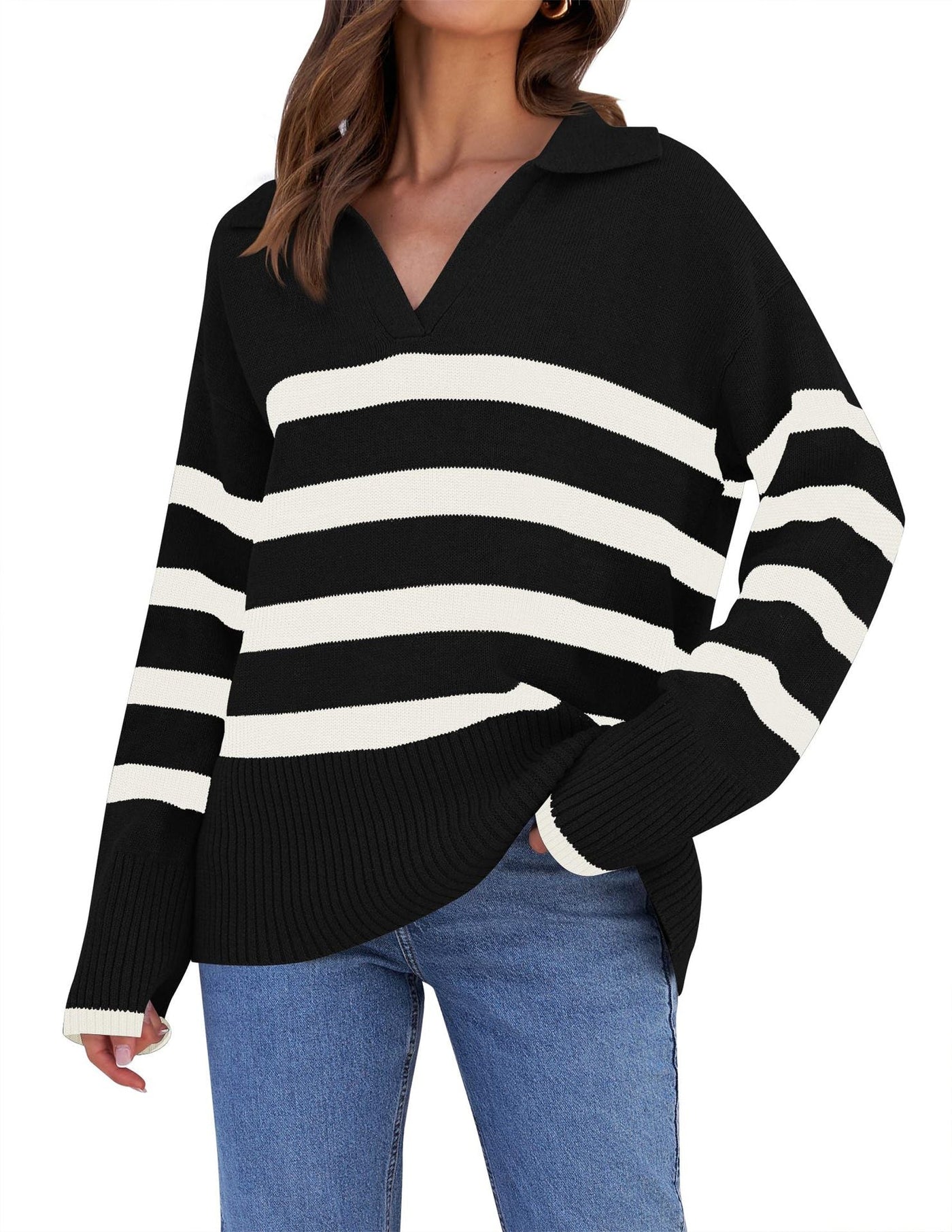 Striped knitted sweater with collar for women | Perfect for all seasons