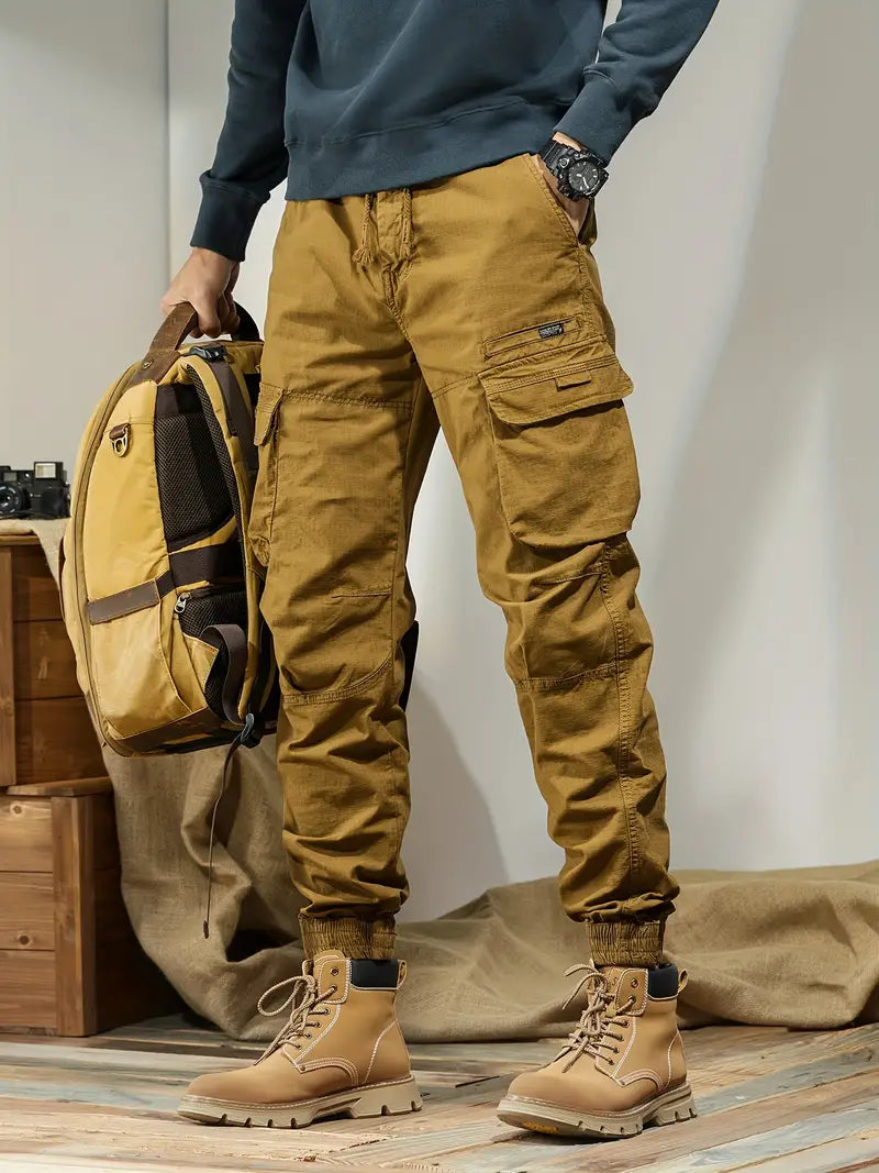 Men's solid cargo pants with multiple pockets - casual outdoor pants