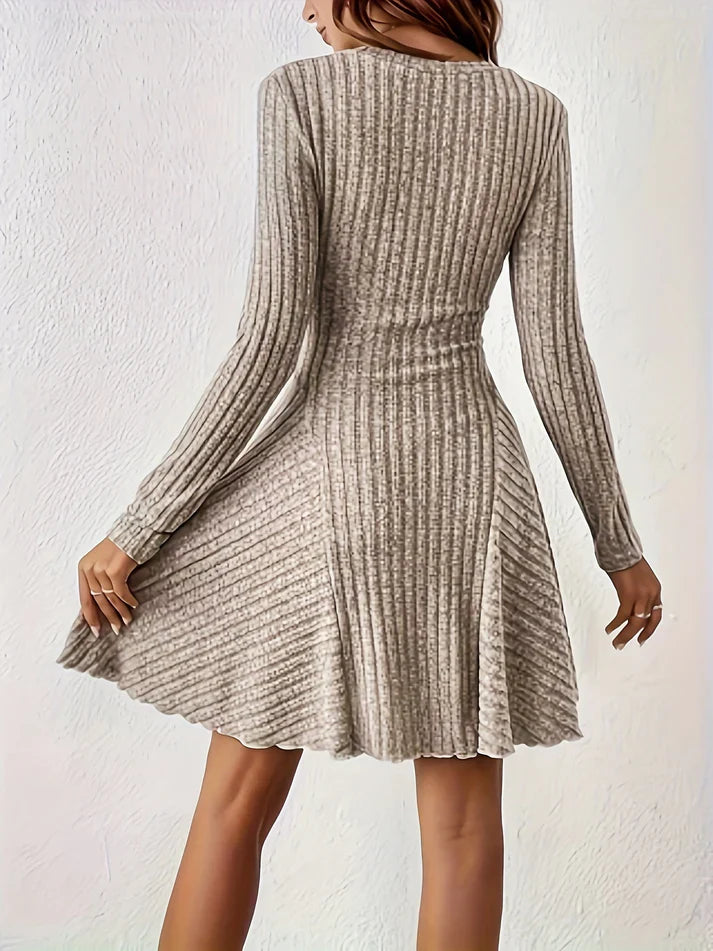 Stylish Ribbed V-Neck A-Line Long Sleeve Elegant Dress For Women | Ideal for any occasion