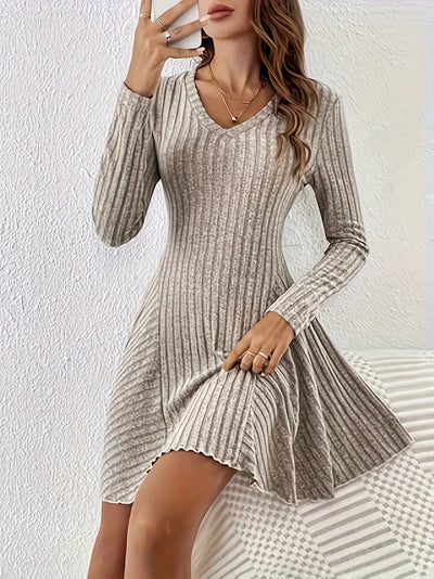 Stylish Ribbed V-Neck A-Line Long Sleeve Elegant Dress For Women | Ideal for any occasion