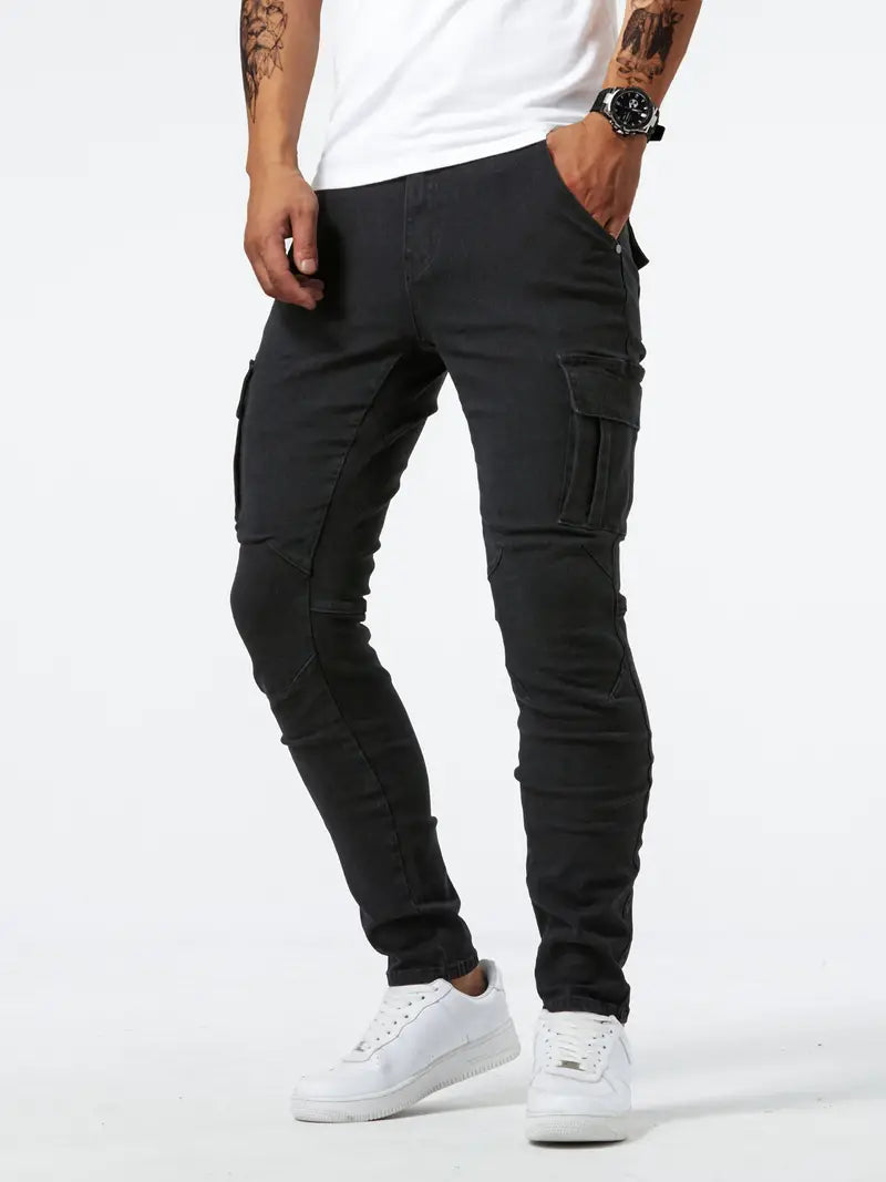 Slim fit multi-pocket jeans for men - cargo pants in high stretch denim