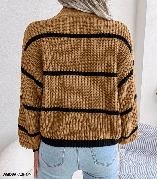 Striped turtleneck sweater with long sleeves, knitted