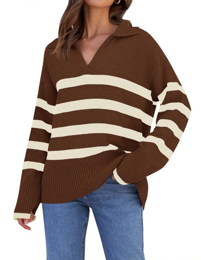 Striped knitted sweater with collar for women | Perfect for all seasons