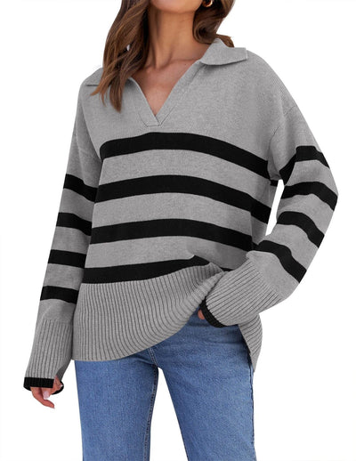 Striped knitted sweater with collar for women | Perfect for all seasons