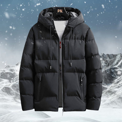 Thick, insulated, warm men's winter coat with hood