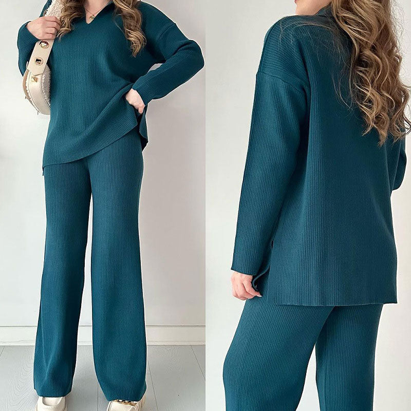 Women's V-Neck Comfortable Stretch Knit Suit (Top + Pants)